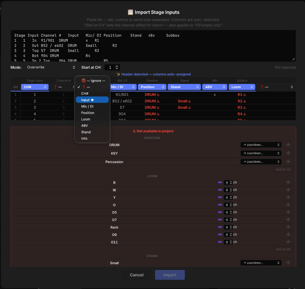 Smart Import — Paste your input list, auto-detect columns, validate and merge